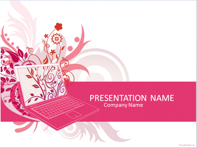 ピンク色のノートパソコンをモチーフにしたかわいいパワポテンプレート　Laptop PowerPoint Template