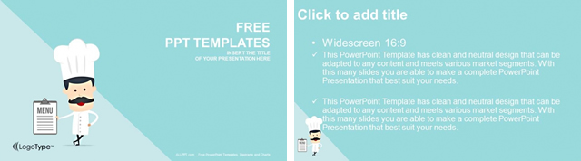 コックさんのイラストがカワイイ 水色背景のパワポテンプレート Cartoon Chef Food Powerpoint Templates おしゃれパワーポイント無料テンプレートおしゃれパワーポイント無料テンプレート