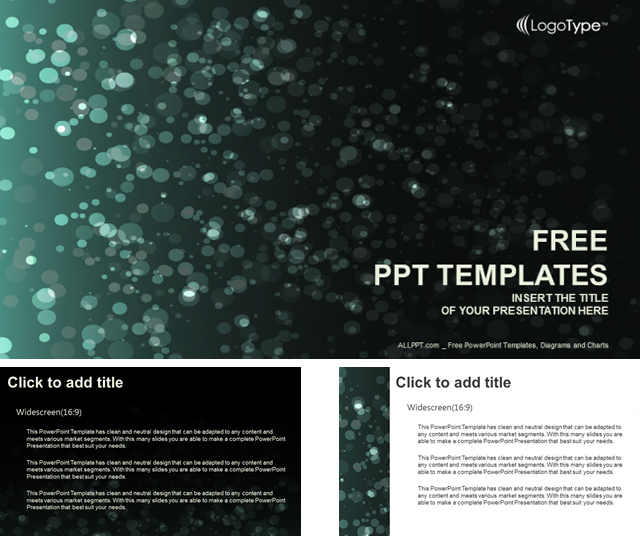 ダークグリーンの背景にキラキラ輝くボケがオシャレなパワポテンプレート Green Shine Abstract Powerpoint Template おしゃれパワーポイント無料テンプレート